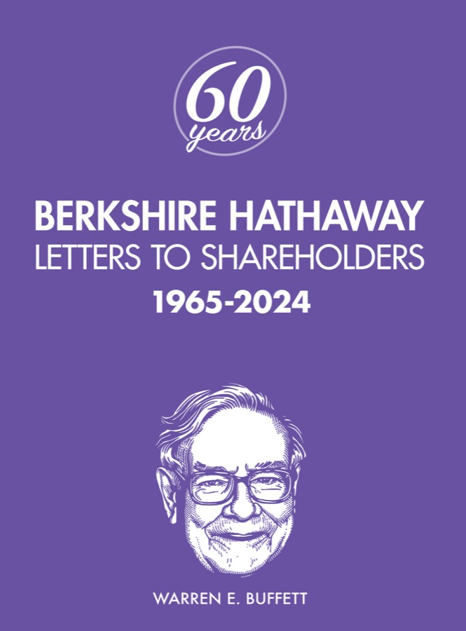 The 60th-anniversary hardcover: Berkshire Hathaway Letters to Shareholders, 1965 to 2024, purple with an engraved portrait of Warren Buffett.